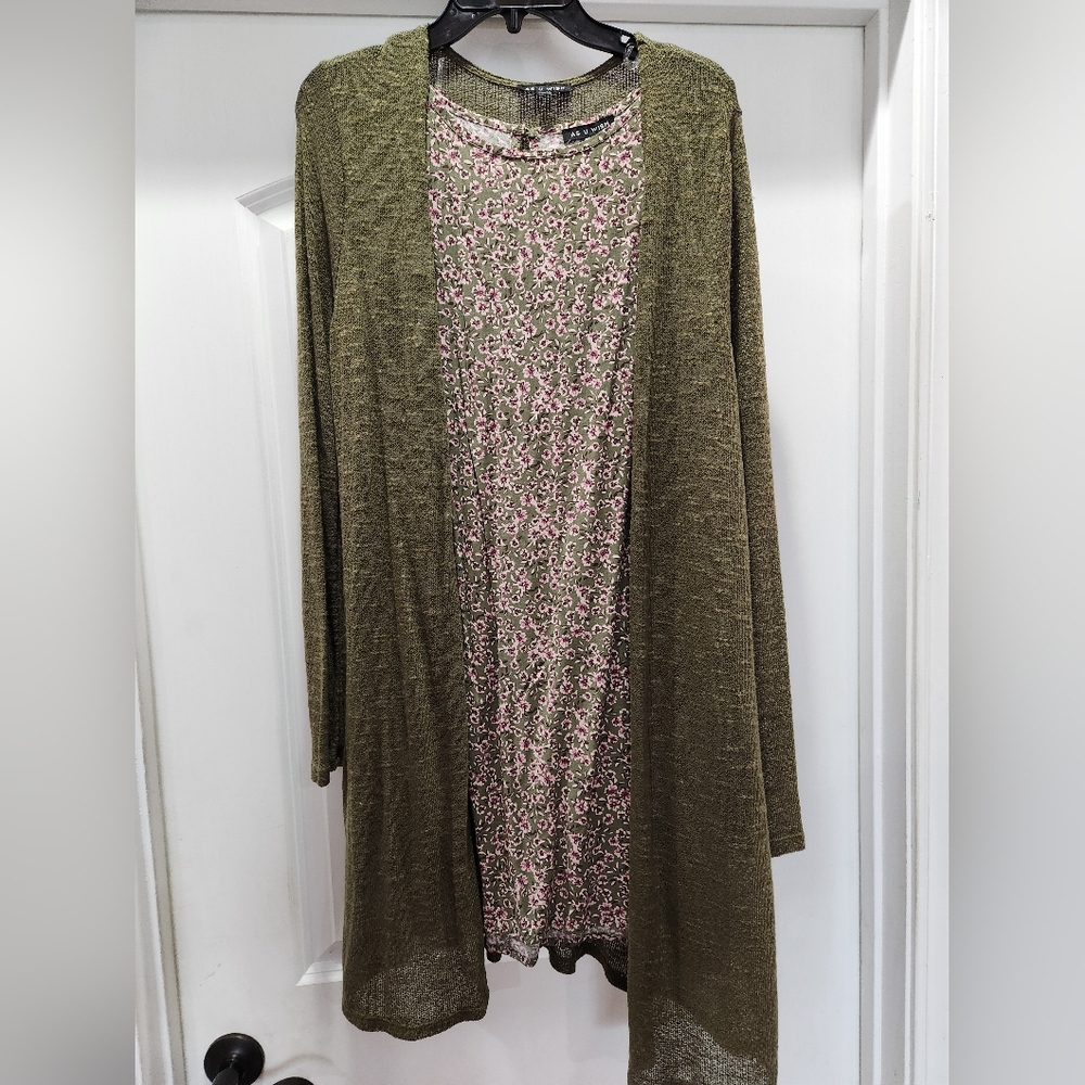 Floral Print Dress With Olive Cardigan